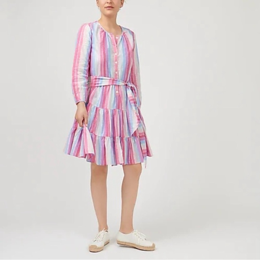 J Crew Women Pastel Pink Metallic Thread Cotton Belted Button Up Dress S